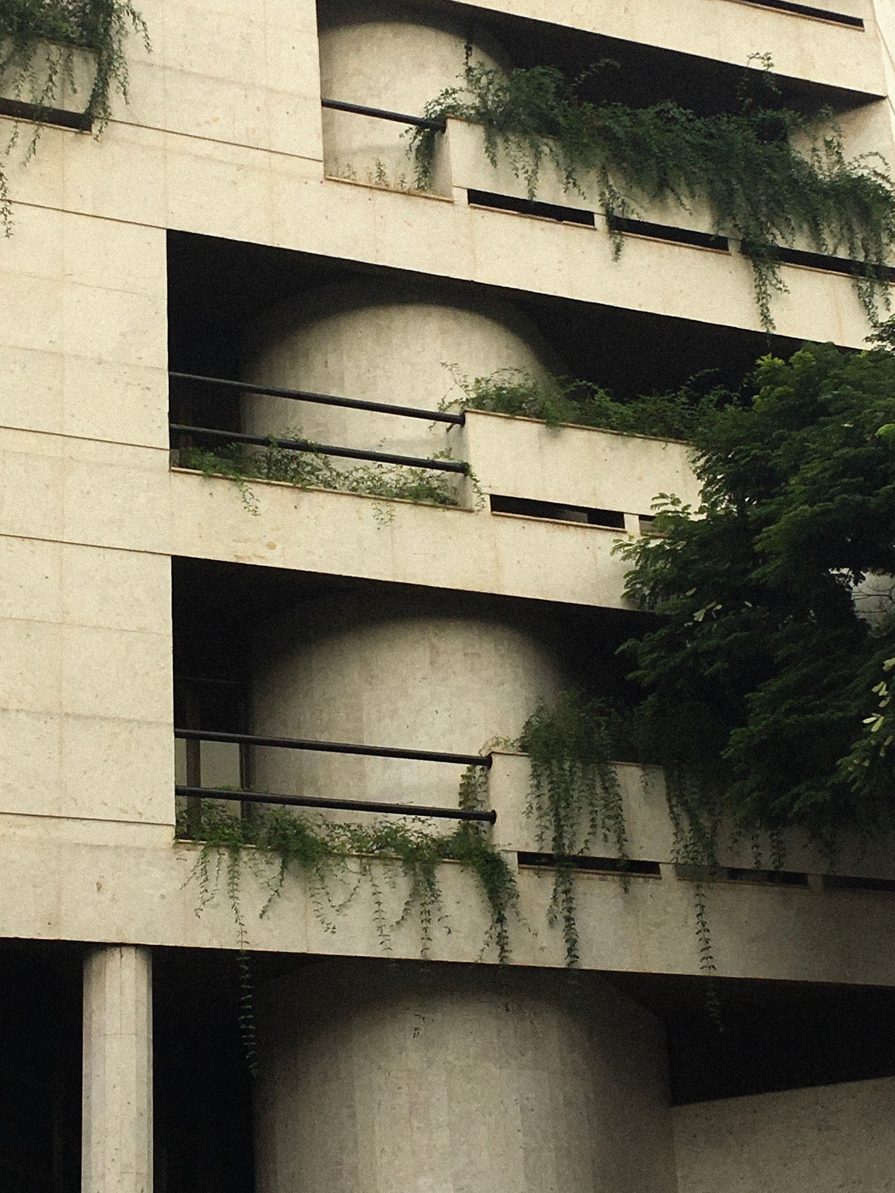 A concrete residential facade with deep balconies and plants